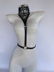 women's genuine leather harness, leather harness, bdsm harness, chest harness, whip and cake. laser cut leather harness