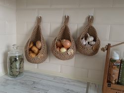 hanging wall basket vegetable fruit . large hanging potato basket set . jute hanging basket . onion  and potato storage