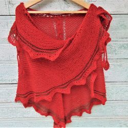 knit red shawl knitted red wrap top knit red scarf bride traditional danish tie shawl crochet shawl scarf wedding shawl