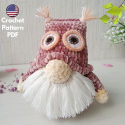 owl gnome crochet pattern, plush amigurumi pattern, crochet patterns for gnomes, crochet owl lovey pattern