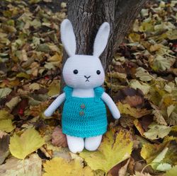 crocheted hare, crochet rabbit, white hare, bunny toy, bunny in a dress