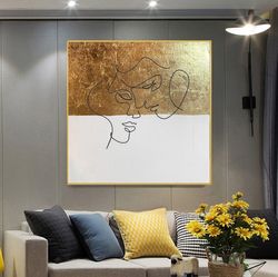 gold leaf abstract, one line painting on canvas, large gold leaf abstract painting, original abstract painting