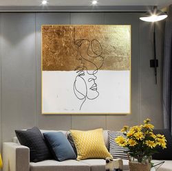 gold leaf abstract, one line painting on canvas, large gold leaf abstract painting, original abstract painting