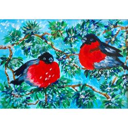 christmas bird painting, original artwork, forest animal wall art, red bullfinch acrylic painting