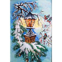 christmas lantern painting, small painting winter landscape, lamp in snow painting, holiday farmhouse decor