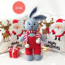 christmas bunny crochet pattern, amigurumi bunny pattern christmas toys crochet pattern, big bunny with overalls pattern