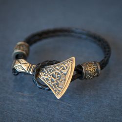 viking bracelet on leather cord with mammen axe and beads. pagan handcrafted jewelry. scandinavian replica. man present