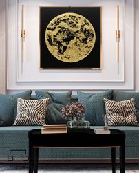 golden moon 3d, modern acrylic painting on canvas, large gold leaf abstract painting, original abstract painting