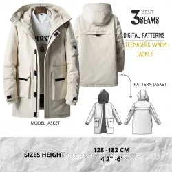 kids warm puffer jacket sewing pattern pdf winter coat outerwear  medium length loose fit hood and cargo pocket, a0/ae