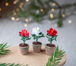 christmas houseplant poinsettia, miniature potted flower, christmas gift idea crochet tiny plant, christmas floral decor