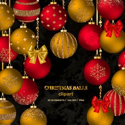 christmas balls clipart, red and gold christmas clipart, glitter christmas ball, holiday clipart, winter clipart