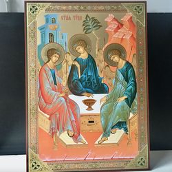 The Holy Trinity By Andrei Rublev | Large Xlg Icon Gold Foiled Icon | Inspirational Icon Decor| Size: 18"x 13"