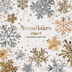snowflake clipart, gold and silver snowflake clipart, glitter snowflake clipart