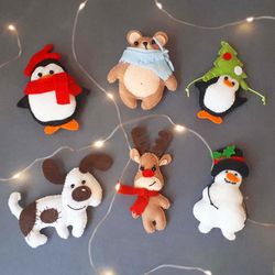 christmas ornaments patterns set for advent calendar , stocking stuffer for kids , reindeer , penguin , bear , dog felt