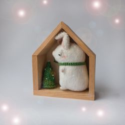 white bunny rabbit miniature in wooden house - 10cm