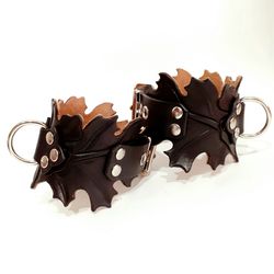 oak leaves quality black leather bdsm cuffs for submissive