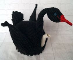 crochet tea cosy, teapot cozy, hand knitted tea cosy, tea cozy swan, black swan, crochet swan tea cozy