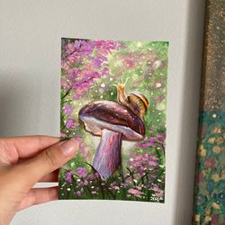 Original Mushroom Painting, Gouache Art, Fairycore Wall Decor, Small Original Art, Fairy Wall Decor