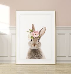 nursery wall art print, bunny with floral crown, printable digital download