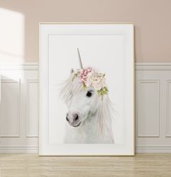 unicorn wall art print, floral crown, girls nursery room decor, printable digital download