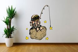 astranaut sticker with a fishing rod children's room wall sticker vinyl decal mural art decor full color sticker