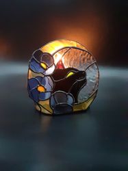 stained glass cat on moon, black cat tealight holder, cat stained glass suncatcher, gothic home decor, christmas decor