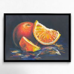 printable, orandges on a dark blue background, oil pastel, digital file for printing, bright fruit poster, wall decor