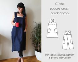 easy to sew/ square cross back apron sewing pattern pdf/ easy pattern/ japanese pinafore pattern pdf/ sewing/ digital do