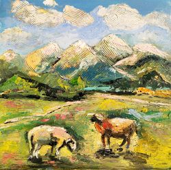 sheep painting original art small oil painting mountains painting sheeps artwork rural landscape meadow painting 8"x 8"