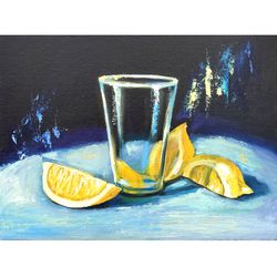 lemon painting, original art, fruit painting, food artwork, kitchen small painting, 7.1 by 9.4 inch