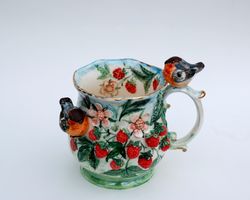 birds and berries art mug raspberry cup love birds figurine colorful sculpture mug beautiful scenic handmade cup