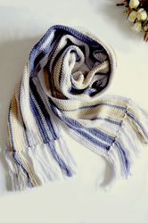 striped long blue hand-knitted scarf with fringe.