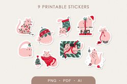 9 christmas cats stickers, printable digital stickers bundle