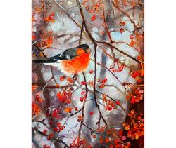 painting bird bullfinch oil canvas 10 by 8 inches winter landscape small artwork wall art  original painting