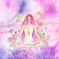 meditation painting zen original artwork yoga woman art watercolor