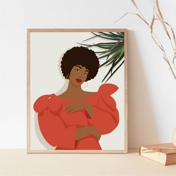 beautiful black woman with natural hair in pink dress, black girl art, digital, melanin women poster, black women art