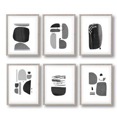 mid century modern, set of 6 prints, scandinavian art black wall art abstract print, printable art 6 posters gallery art