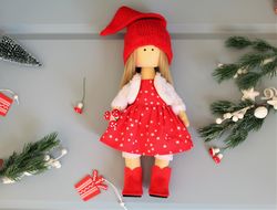 handmade russian doll, rag doll in the red hat, christmas gift for daughter