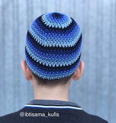 Handmade crochet cotton skullcap hat unisex blue zigzag design