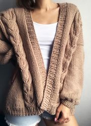 brown chunky knit cardigan with long sleeves. cozy slouchy cardigan for women. oversized aran sweater. cable knit jumper