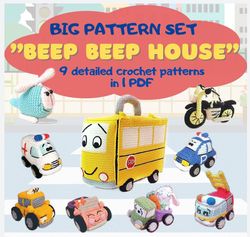 the set of patterns for crocheting toy transport "beep-beep house"