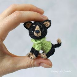 miniature chihuahua greta. mini amigurumi toy. crocheted tiny dog. miniature puppy.