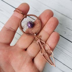 copper dreamcatcher with charoite bead. wire wrapped dreamcatcher necklace with charoite.