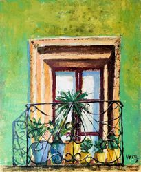 balcony original oil painting cityscape artwork house painting mexican art small painting flowers in pot 10" by 8"