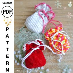 crochet pattern mini bag, drawstring bag, small pouch crochet pattern, crochet mini drawstring bag