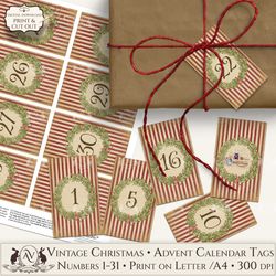 vintage christmas advent calendar tags printable cdt2s