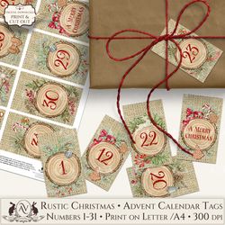 rustic christmas advent calendar tags printable cdt3s