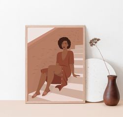 beautiful black woman in terracotta, black girl art, digital, black women poster, earth tones decor, beige poster