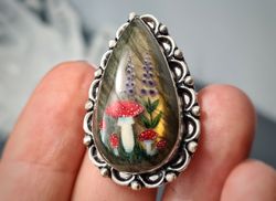 labradorite ring stone painting fly agaric aaa large labradorite ring