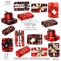 merry christmas red gifts digital clip art, hand drawn graphics. oliartstudioshop